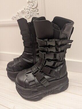 Demonia Black Platform Buckle Combat Boots